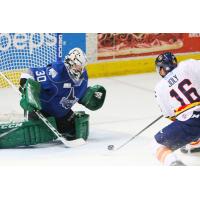 Michael Joly of the Colorado Eagles Skates in against Idaho Steelheads Goaltender Philippe Desrosiers