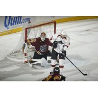 Cleveland Monsters Try to Score on Chicago Wolves Goaltender Oscar Dansk