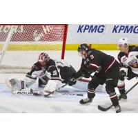 Vancouver Giants Goaltender David Tendeck stops a Red Deer Rebels' scoring attempt