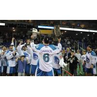 Dan Dawson celebrating the 2013 Championship with the Rochester Knighthawks and fans