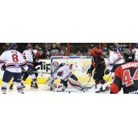 South Carolina Stingrays Goaltender Parker Milner tries to keep the Cincinnati Cyclones at bay