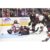 The Tucson Roadrunners sneak a goal past the Cleveland Monsters Goaltender Adin Hill