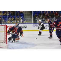 Vancouver Giants Alex Kannok Leipert shoots at the Kamloops Blazers goal