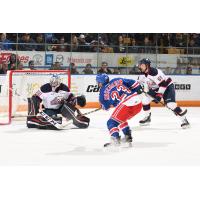 Adam Mascherin of the Kitchener Rangers scores against the Saginaw Spirit