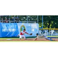 Ryan Ober of the Victoria HarbourCats attempts to tag Sean Coffey of the Bend Elks