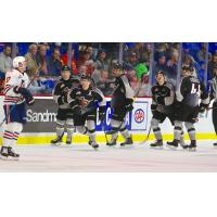 Milos Roman and the Vancouver Giants line up after Roman's goal against the Kamloops Blazers