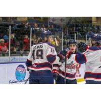 Blade Jenkins of the Saginaw Spirit received congratulations after his goal