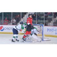 Jakob Reichert of the Adirondack Thunder in front of the Maine Mariners' net
