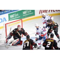 Cleveland Monsters goaltender Jean-Francois Berube faces the Rochester Americans