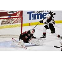Vancouver Giants right wing Davis Koch scores the game-winning goal against the Moose Jaw Warriors