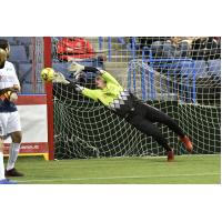 Tacoma Stars goalkeeper Mike Agruello dives for an Ontario Fury shot attempt