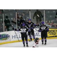 Tri-City Storm celebrates a goal against the Chicago Steel