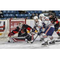Prince George Cougars goaltender Taylor Gauthier eyes the puck against the Kamloops Blazers