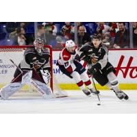 Dylan Plouffe of the Vancouver Giants with the puck against the Lethbridge Hurricanes