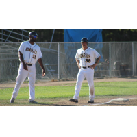 Vallejo Admirals Manager P.J. Phillips consulting with base runner Quintin Rohrbaugh